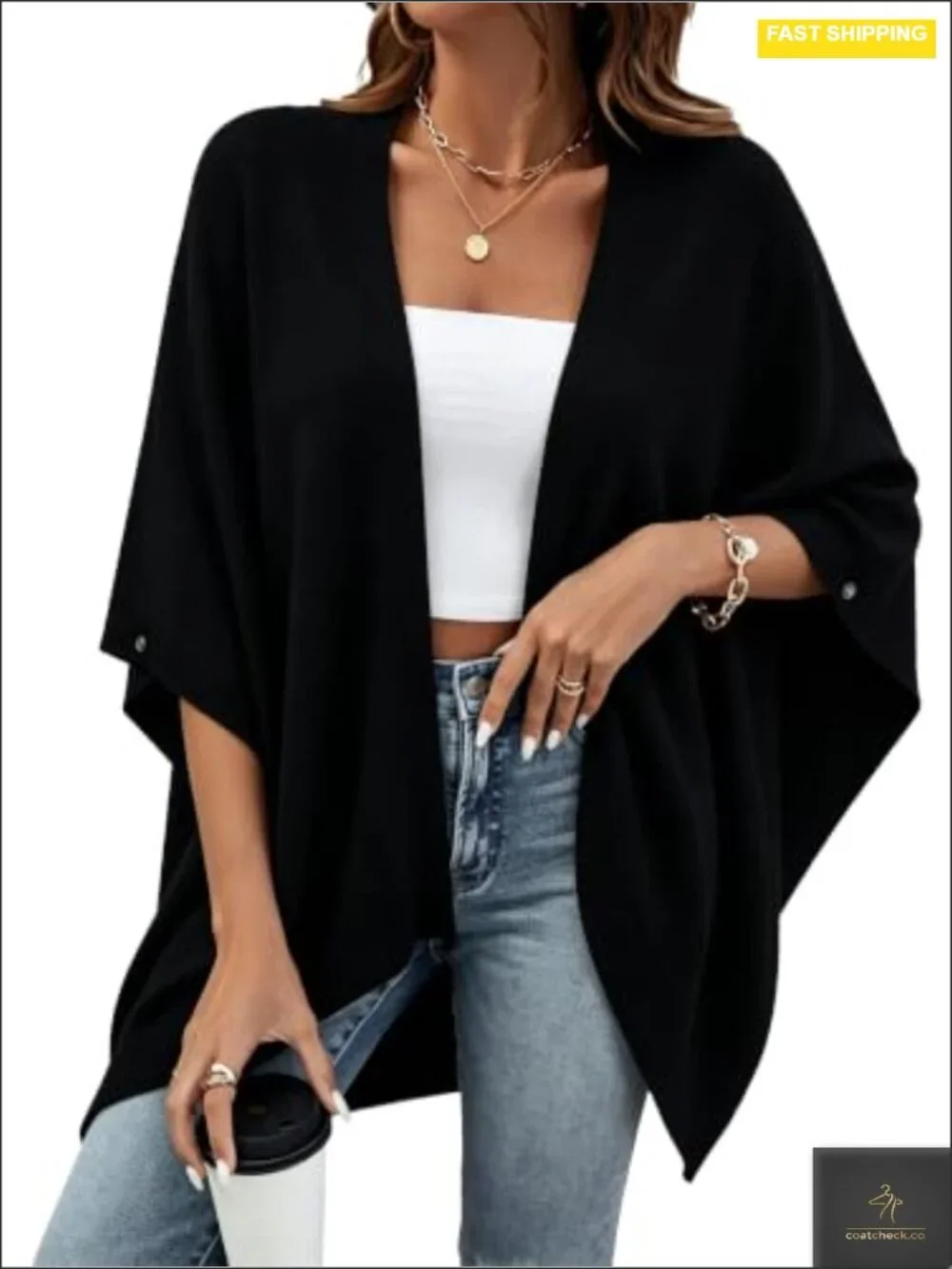 Knit Poncho Shawl Wrap Cardigan - Open Front Batwing Sleeve Cape - Summer Fall